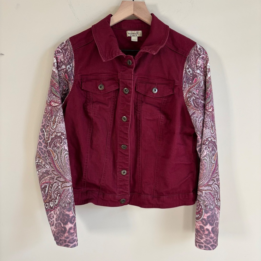 One World Live and Let Live Burgundy Paisley Leopard Print Sleeve Jacket Large
